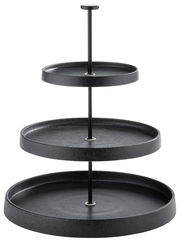 Dreistöckige schwarze Porzellan-Etagere, frontal fotografiert