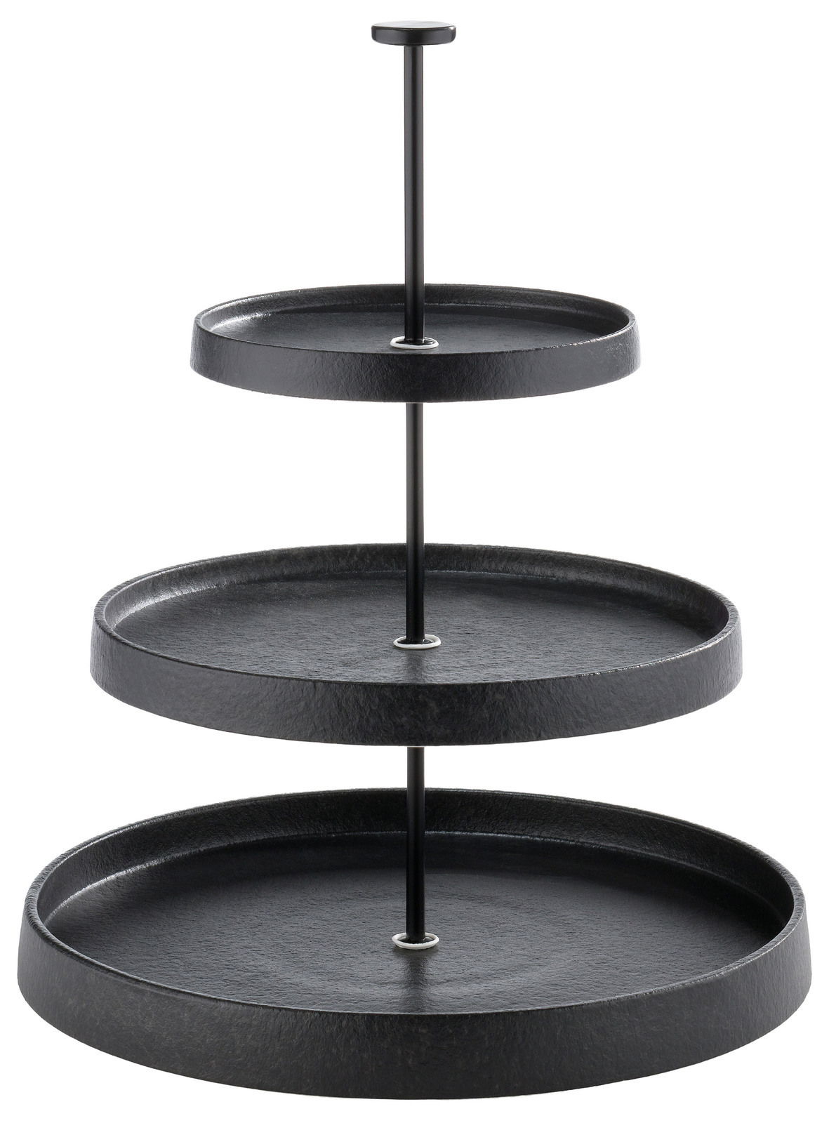 Dreistöckige schwarze Porzellan-Etagere, frontal fotografiert