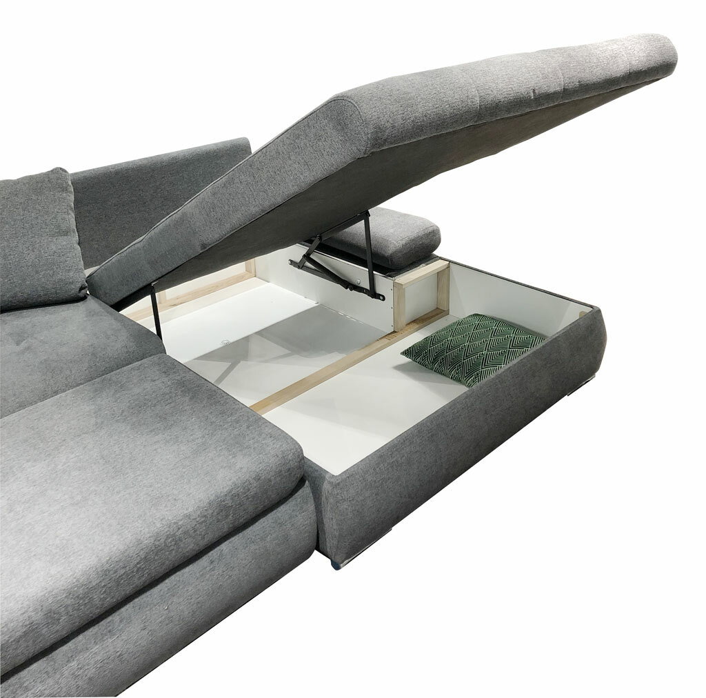 Graue Rundecke mit aufklappbarem Stauraum, seitliche Perspektive