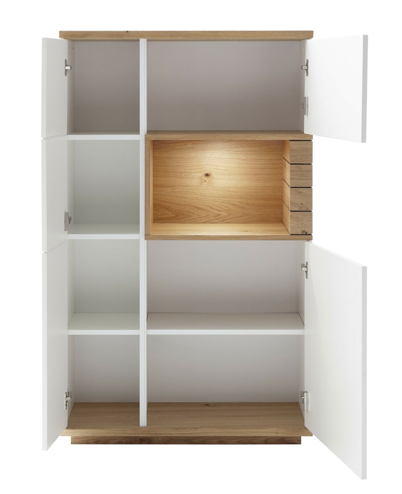 Frontansicht eines Highboards mit offenen Türen, weißen Fächern und einem beleuchteten Holzfach.