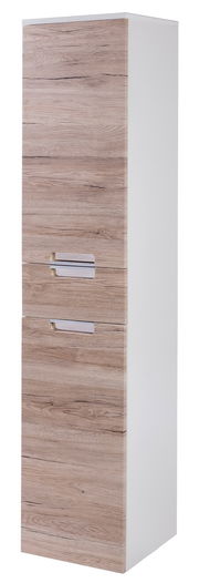 Hochschrank in Holzoptik mit zwei Türen, seitliche Perspektive