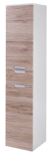 Hochschrank in Holzoptik mit zwei Türen, seitliche Perspektive