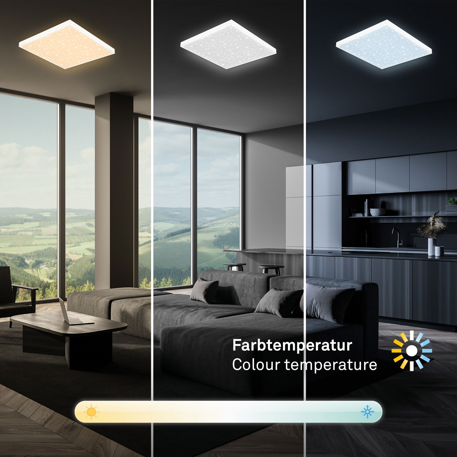 LED-Deckenleuchte mit einstellbarer Farbtemperatur in modernem Wohnraum, seitliche Perspektive