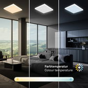 LED-Deckenleuchte mit einstellbarer Farbtemperatur in modernem Wohnraum, seitliche Perspektive
