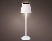 Solar Tischleuchte in seitlicher Perspektive mit weißem Schirm und leuchtendem Licht.