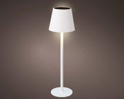 Zonne-tafellamp in zijaanzicht met een witte kap en helder licht.