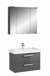 Moderne Badkombination mit Spiegelschrank und Waschbeckenunterschrank, frontal abgebildet.