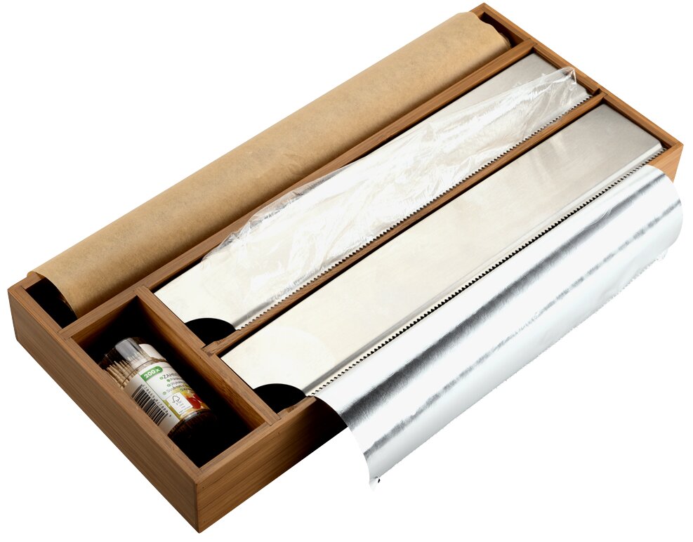 Houten foliedispenser voor in de lade, gevuld met aluminiumfolie, vershoudfolie en bakpapier, gezien vanuit vogelperspectief