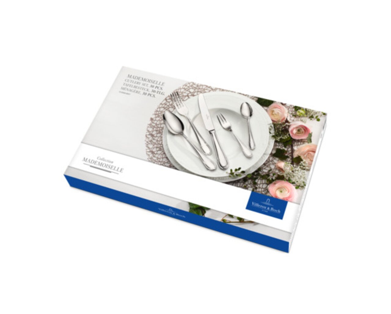 Verpakking van het 30-delige servies Mademoiselle van Villeroy & Boch, schuin van bovenaf gefotografeerd, met bloemmotief.