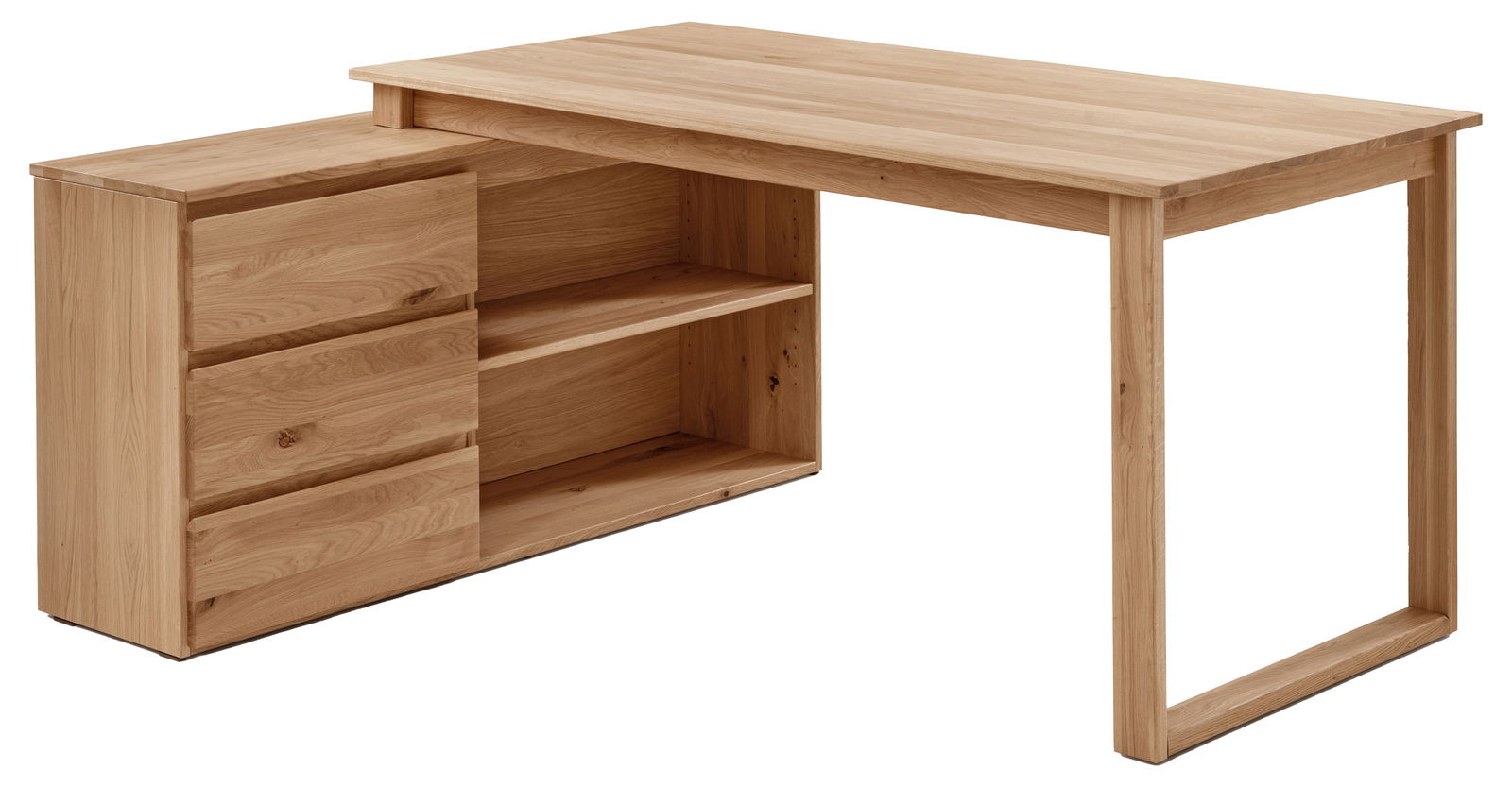 Anbauschreibtischkombination aus Holz mit Schubladen und Regalfächern, seitliche Perspektive