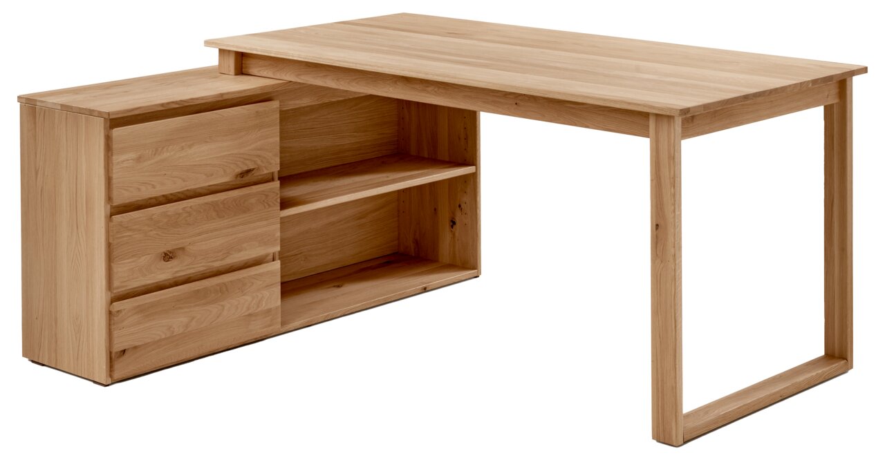 Anbauschreibtischkombination aus Holz mit Schubladen und Regalfächern, seitliche Perspektive