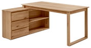 Anbauschreibtischkombination aus Holz mit Schubladen und Regalfächern, seitliche Perspektive