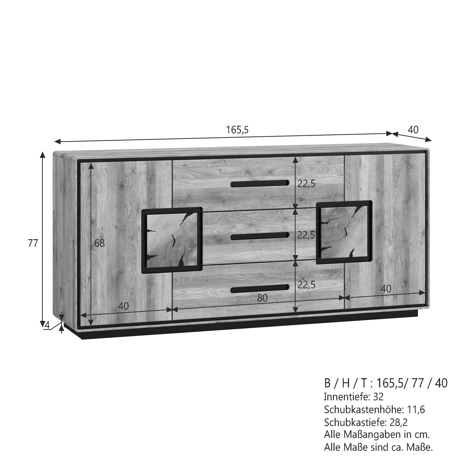Frontansicht eines breiten Sideboards in Holzoptik mit schwarzem Sockel, zwei Türen links und rechts sowie drei mittigen Schubladen mit schwarzen Griffleisten; Maßgrafik zeigt ca. B/H/T 165,5 × 77 × 40 cm.