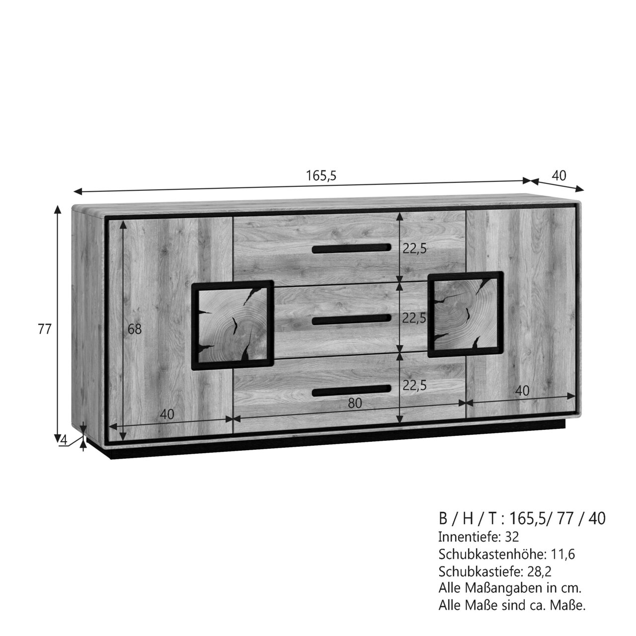Frontansicht eines breiten Sideboards in Holzoptik mit schwarzem Sockel, zwei Türen links und rechts sowie drei mittigen Schubladen mit schwarzen Griffleisten; Maßgrafik zeigt ca. B/H/T 165,5 × 77 × 40 cm.