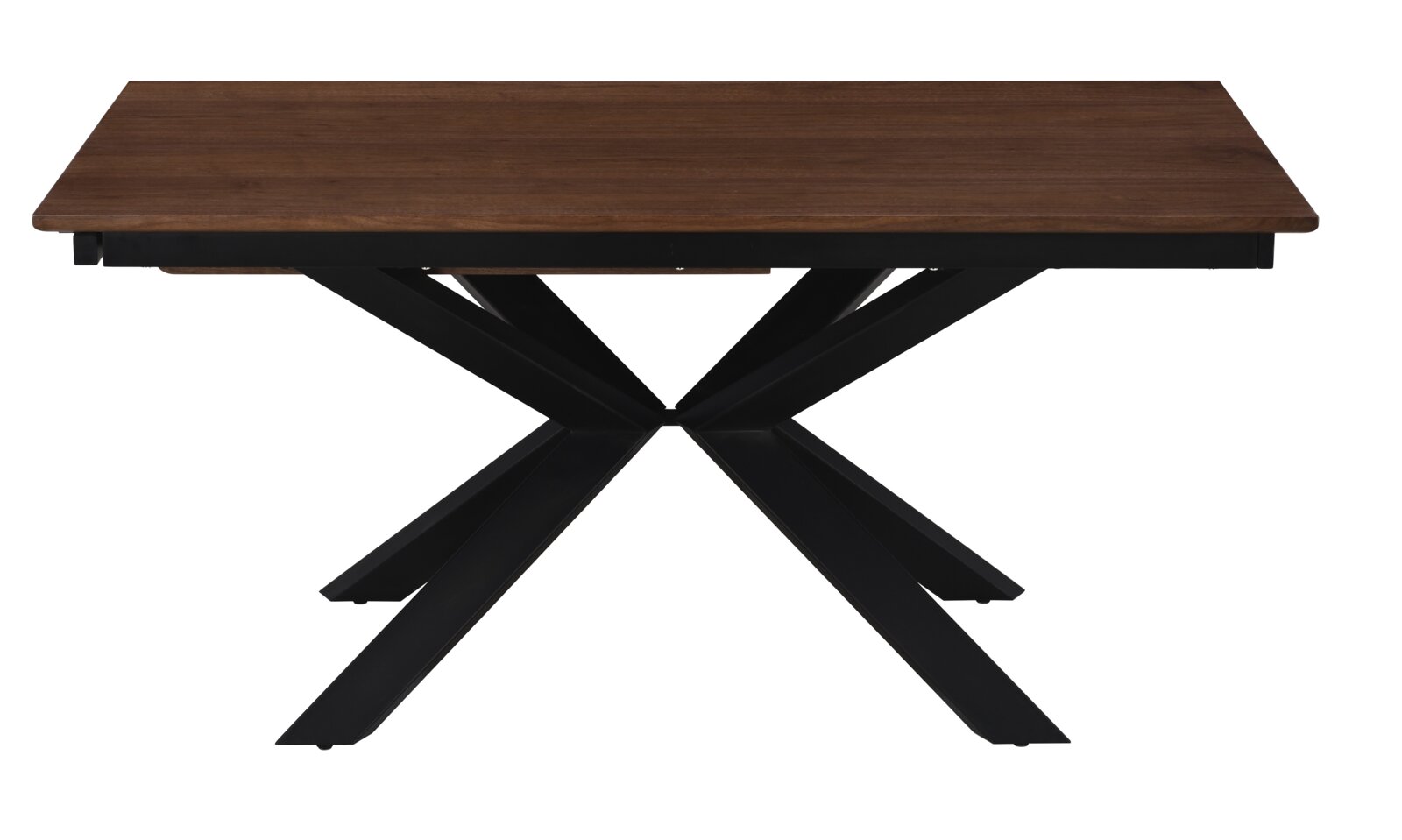 Rechthoekige eettafel met donkerbruin houten blad en zwart metalen X-poot onderstel, zijaanzicht op witte achtergrond