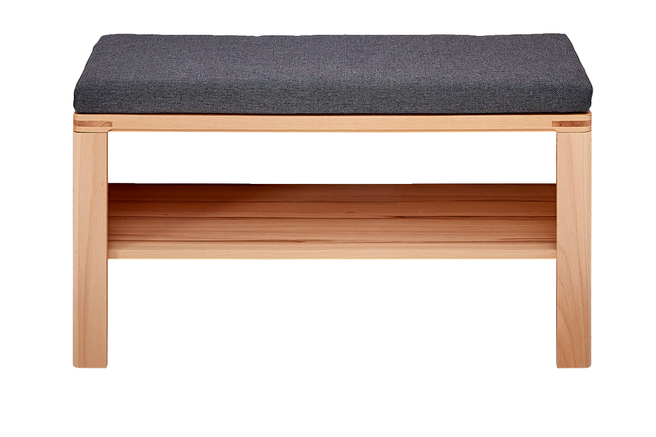 Holzbank mit grauem Polster, frontal betrachtet, mit zusätzlichem Ablagefach darunter.