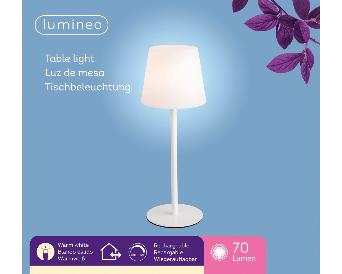 LED Tischlampe in Weiß, aufrecht stehend vor blauem Hintergrund, mit warmweißem Licht, wiederaufladbar und dimmbar, 70 Lumen.