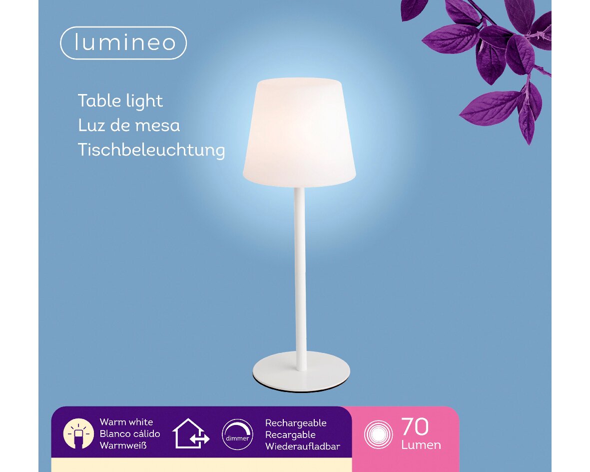 LED Tischlampe in Weiß, aufrecht stehend vor blauem Hintergrund, mit warmweißem Licht, wiederaufladbar und dimmbar, 70 Lumen.