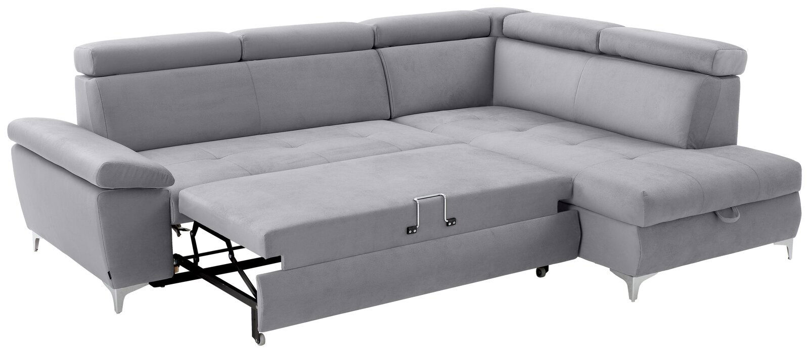 Graues Ecksofa mit Schlaffunktion, von vorne betrachtet