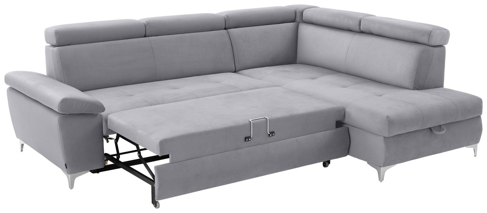 Graues Ecksofa mit Schlaffunktion, von vorne betrachtet