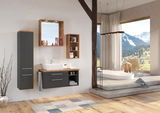 Moderner Waschtischunterschrank in einem stilvollen Badezimmer mit Bergblick, aus der Perspektive von vorne betrachtet.