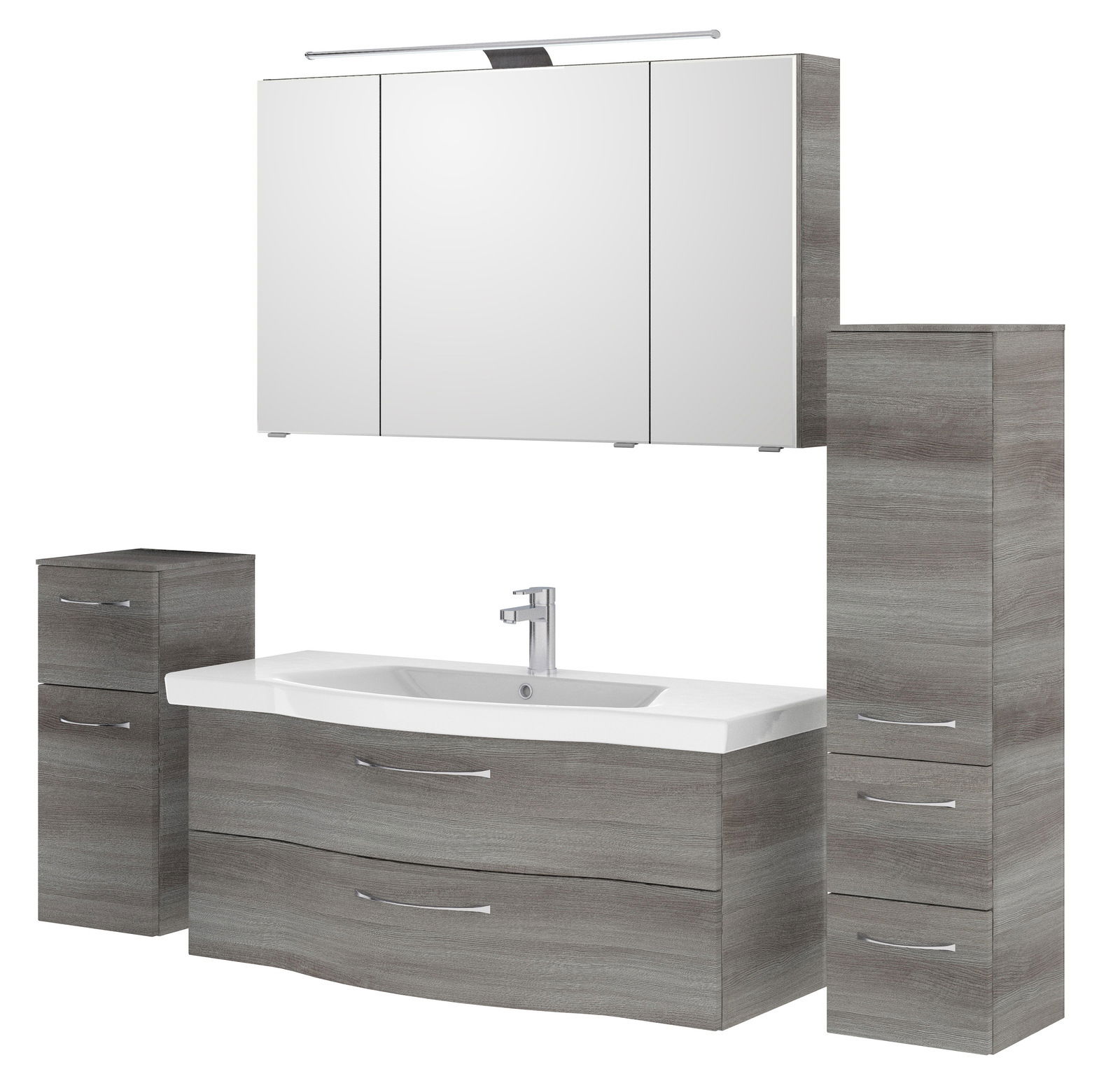 Pelipal Badblok SERIE 6005 SPRINT Moderner Badblock mit Spiegel, Waschbecken und Stauraum in Holzoptik, Frontalansicht