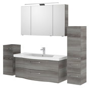 Moderner Badblock mit Spiegel, Waschbecken und Stauraum in Holzoptik, Frontalansicht