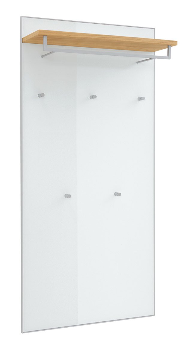 Moderne Wandgarderobe mit großer Glasrückwand, Holzablage und Metallhalterungen, Frontansicht leicht schräg von links