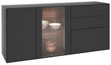 Modernes schwarzes Sideboard mit Glasvitrine, seitliche Perspektive