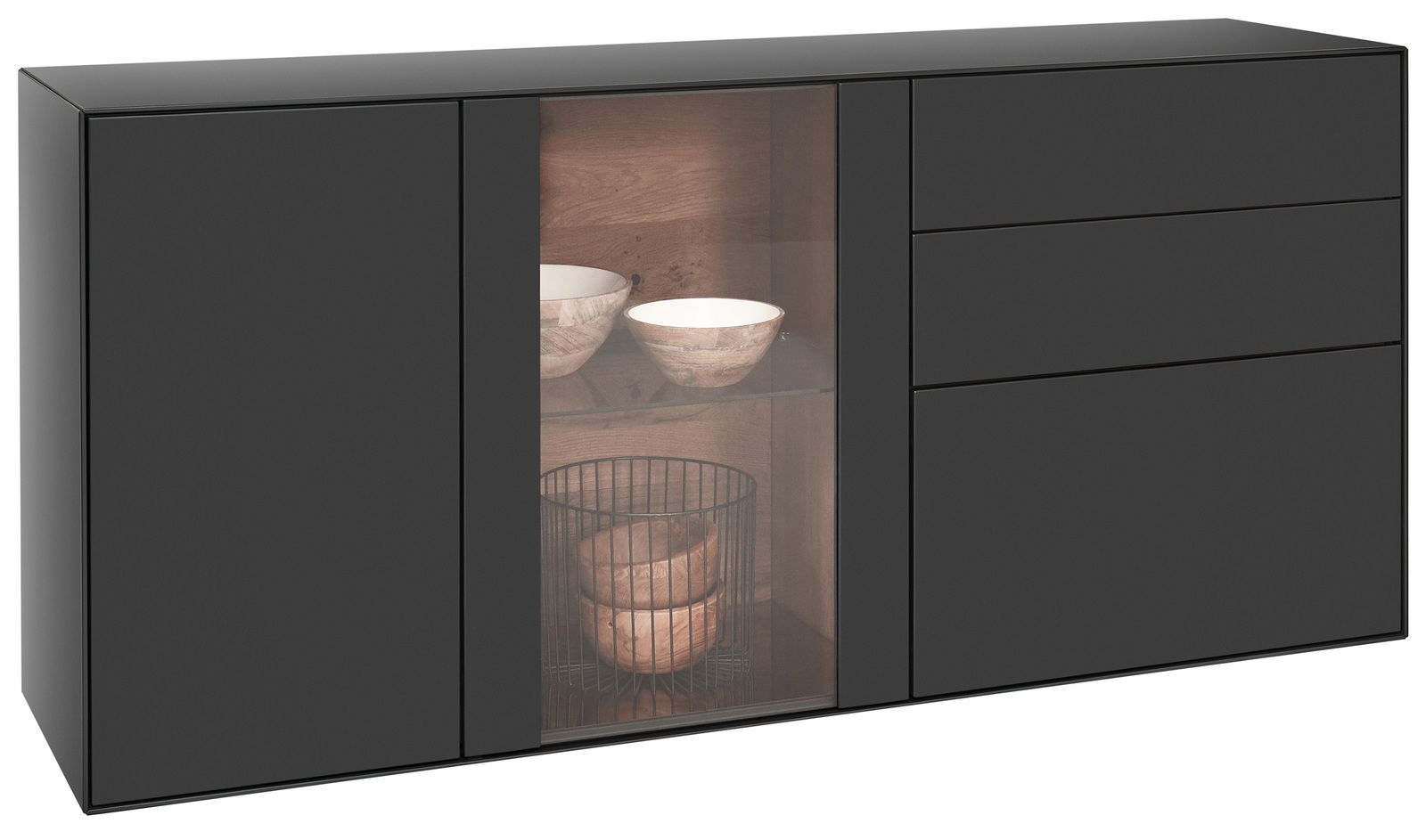 Modernes schwarzes Sideboard mit Glasvitrine, seitliche Perspektive