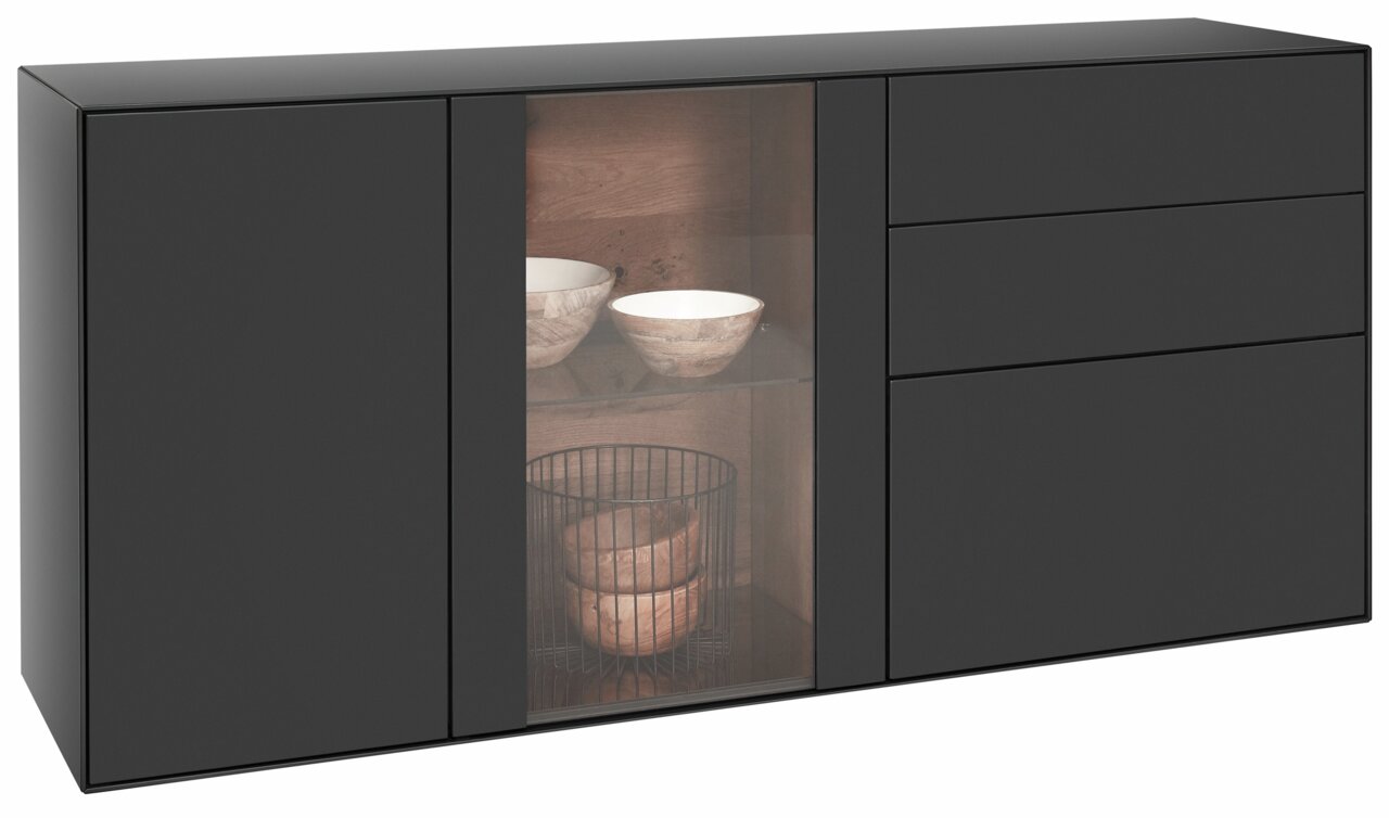 Modernes schwarzes Sideboard mit Glasvitrine, seitliche Perspektive