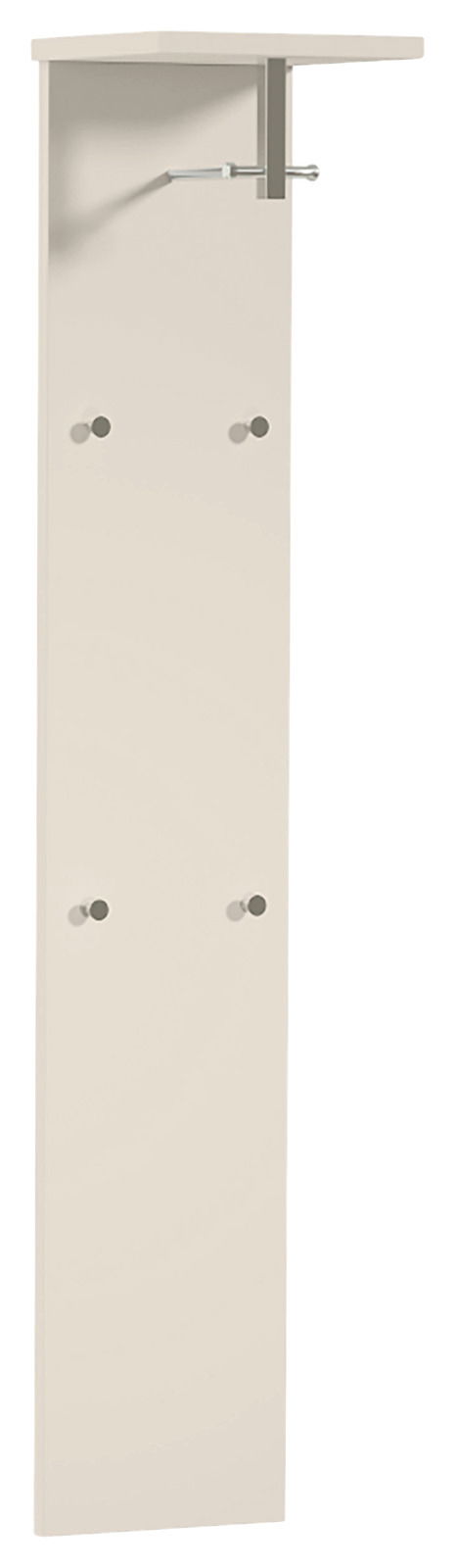 Garderobepaneel in hellem Holzton mit vier Haken und einer Ablage, seitliche Perspektive