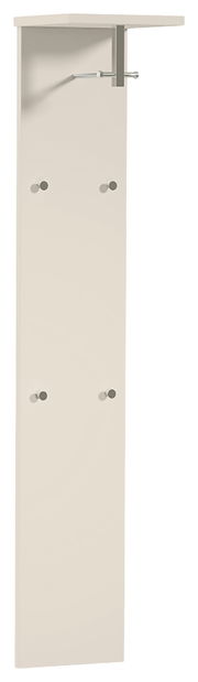 Garderobepaneel in hellem Holzton mit vier Haken und einer Ablage, seitliche Perspektive