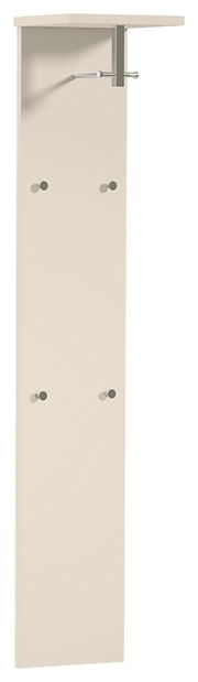 Garderobepaneel in hellem Holzton mit vier Haken und einer Ablage, seitliche Perspektive