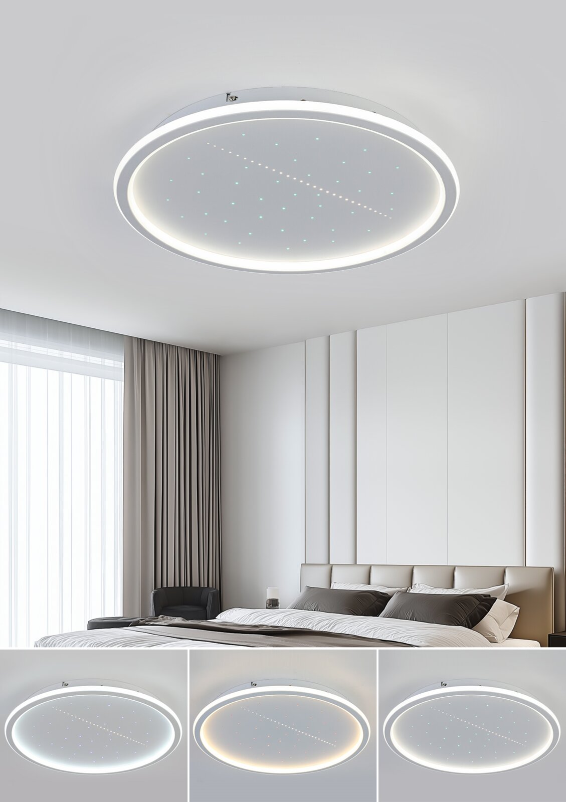 Moderne led-plafondlamp met sterrenhemeleffect, gezien van onderaf, gemonteerd in een stijlvolle slaapkamer.