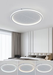 Moderne led-plafondlamp met sterrenhemeleffect, gezien van onderaf, gemonteerd in een stijlvolle slaapkamer.