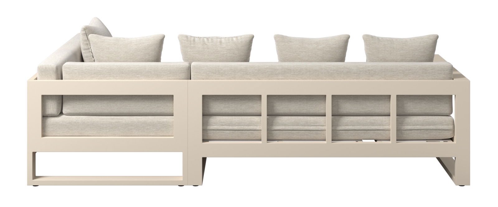 Rückansicht eines Lounge-Sets mit beigem Rahmen und hellen Kissen