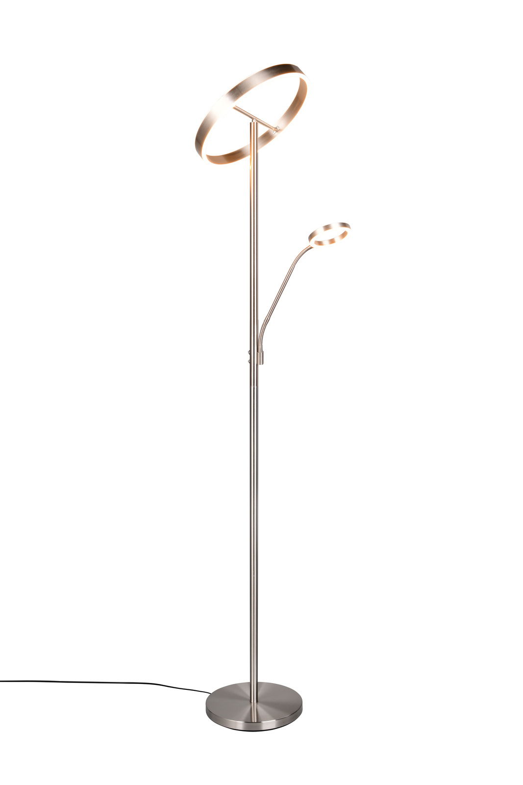 Moderne Stehleuchte WillisTrio mit zwei runden Leuchtelementen, seitliche Perspektive