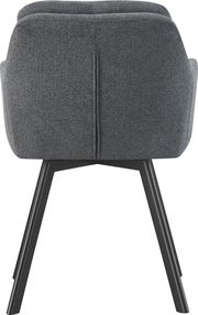 Rückansicht eines gepolsterten Esszimmerstuhls in dunkelgrauem Stoff mit schwarzem Metallgestell, freigestellt auf weißem Hintergrund