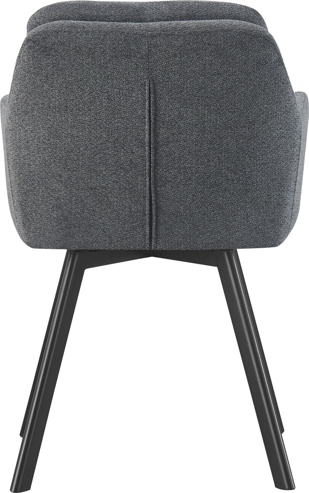 Rückansicht eines gepolsterten Esszimmerstuhls in dunkelgrauem Stoff mit schwarzem Metallgestell, freigestellt auf weißem Hintergrund
