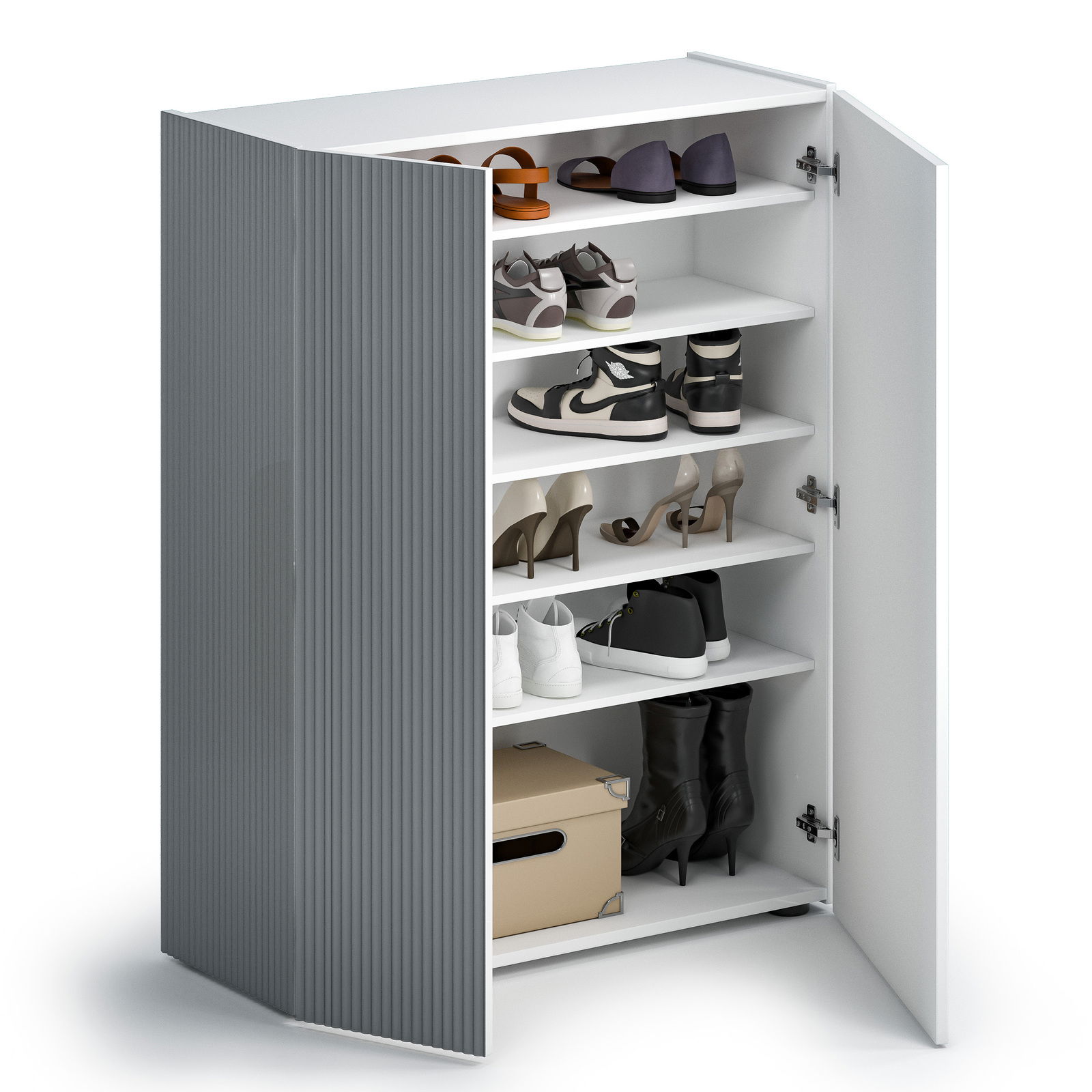 Schuhschrank mit offenen Türen, gefüllt mit verschiedenen Schuhen, seitliche Perspektive