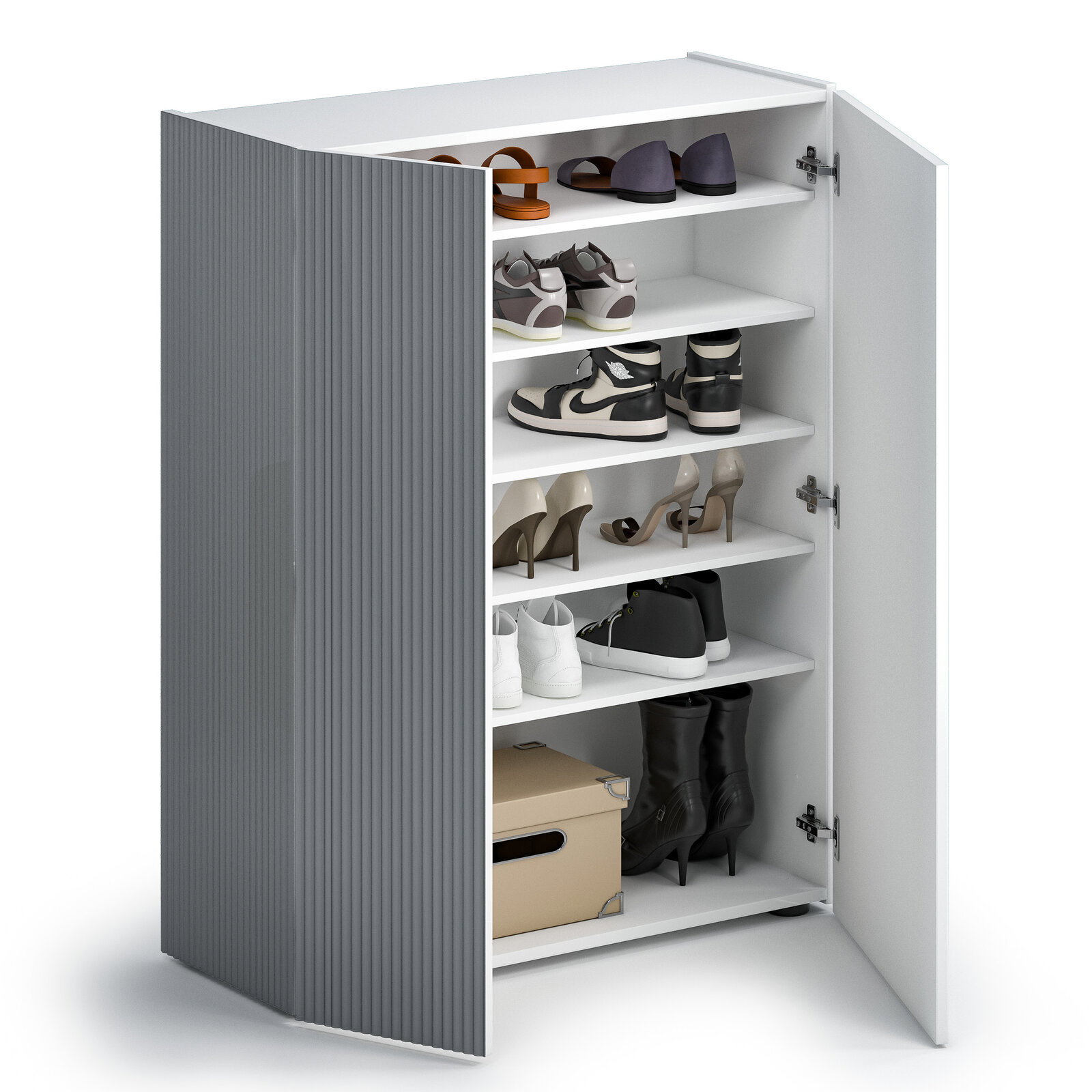 Schuhschrank mit offenen Türen, gefüllt mit verschiedenen Schuhen, seitliche Perspektive