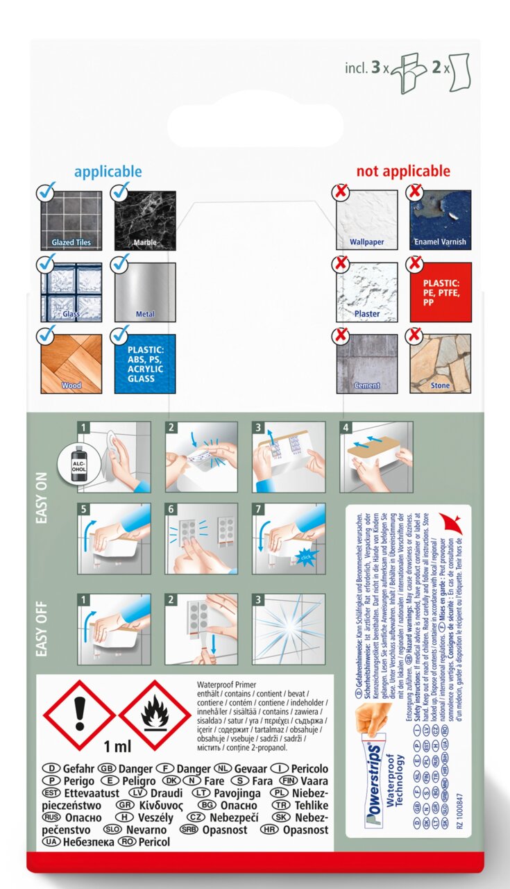 Achterkant van een verpakking met instructies voor het aanbrengen van plakstrips op verschillende oppervlakken. Geschikt voor tegels, marmer, glas, metaal, hout en bepaalde kunststoffen. Niet geschikt voor behang, email, pleisterwerk, cement en steen. Per