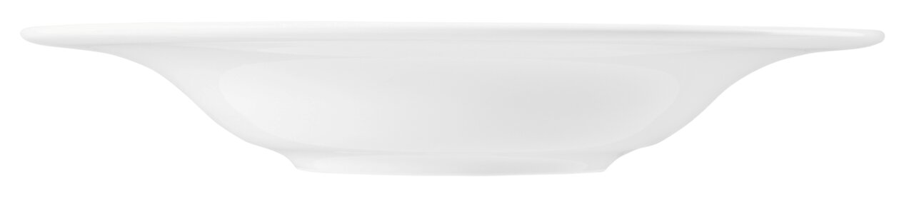Seitliche Ansicht eines weißen Pasta- und Salattellers von Seltmann Weiden, Modell Beat, mit einem Durchmesser von 27,5 cm.