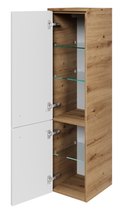 Midischrank aus Holz mit zwei offenen Türen, Glasböden und einer Ansicht von vorne links.