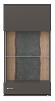 Hängevitrine TACOMA von Set one by Musterring in Frontalansicht, mit dunklem Rahmen, Glasfront und Holzelementen.