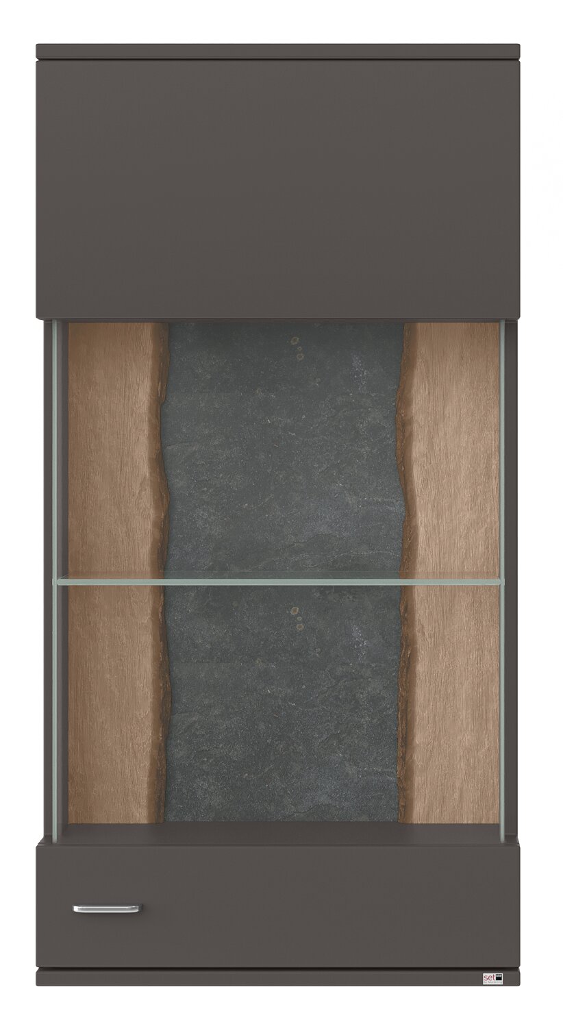 Hängevitrine TACOMA von Set one by Musterring in Frontalansicht, mit dunklem Rahmen, Glasfront und Holzelementen.