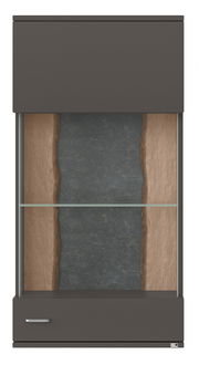 Hängevitrine TACOMA von Set one by Musterring in Frontalansicht, mit dunklem Rahmen, Glasfront und Holzelementen.