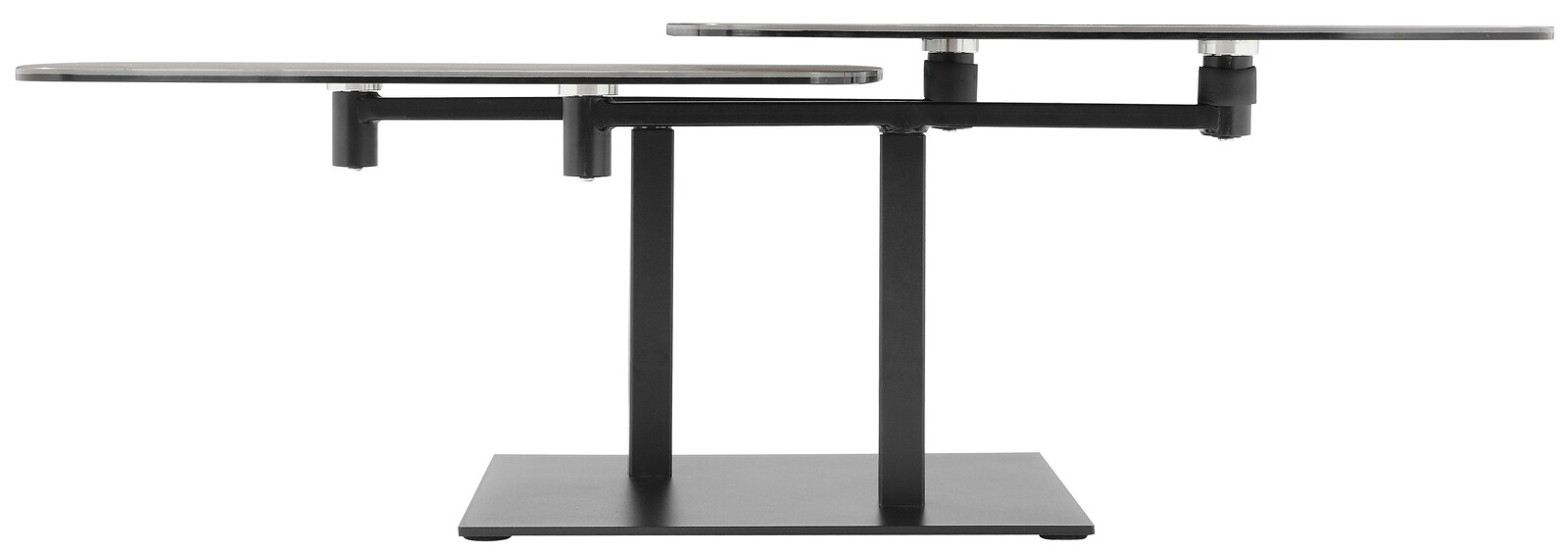 Moderner Couchtisch mit zwei schwenkbaren Tischplatten, seitliche Perspektive