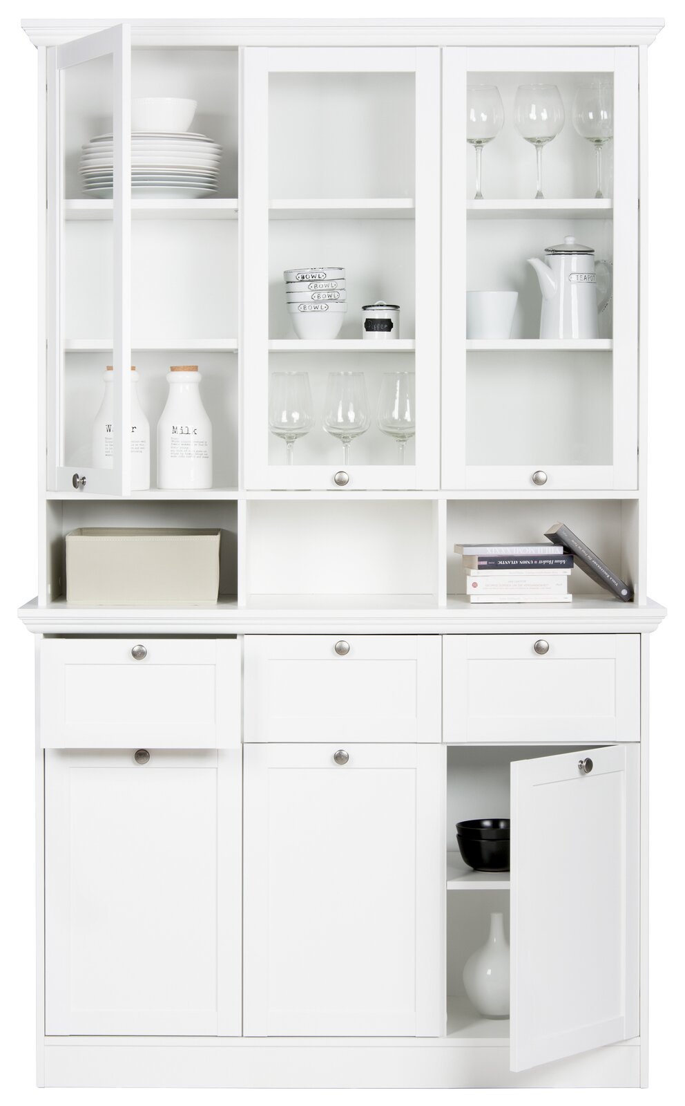 Weißes Buffet mit Glastüren, Schubladen und offenen Regalen, frontal fotografiert.
